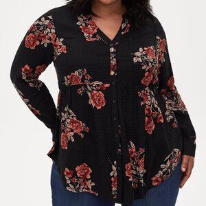Torrid Emma Babydoll Crinkle Gauze Long Sleeve Tunic Top Black Floral Sz 2X